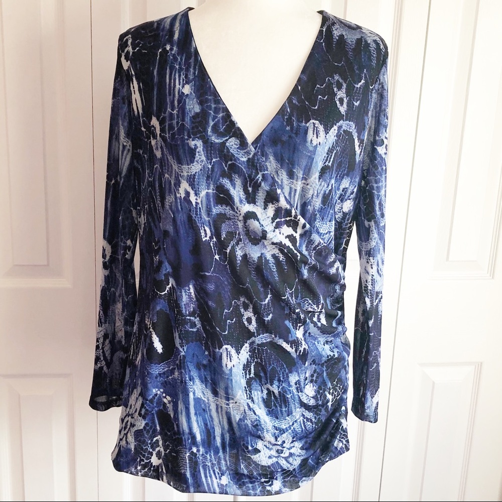 Fashion Bug Blue Multi Abstract Tie Dye Print Faux Wrap Blouse 0X